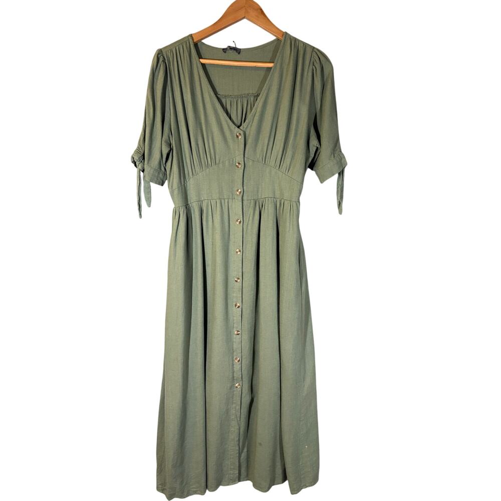 &Merci Sage Green Linen Midi Button Front Peasant Dress Large Fit Flare Casual - Picture 3 of 14